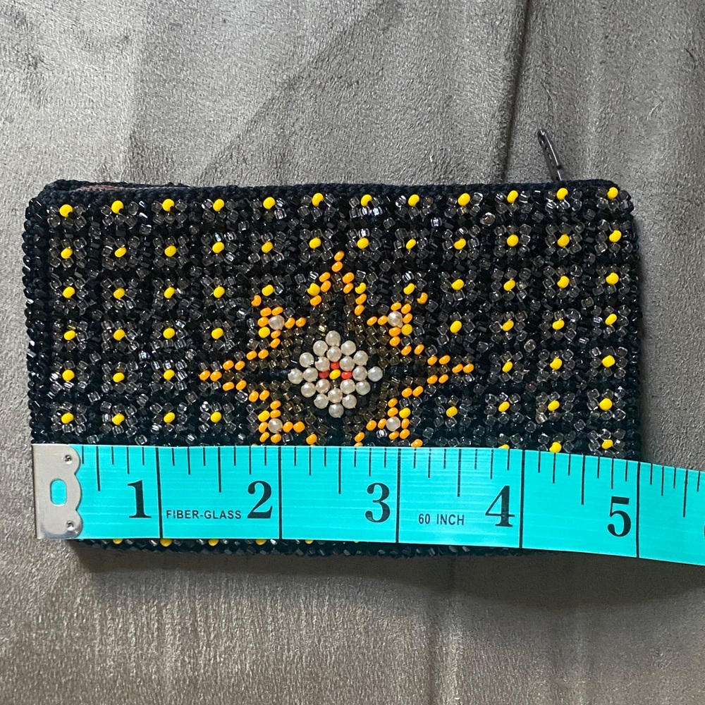 Vintage Hand Beaded Coin Purse Wallet Boho Floral Geometric Beaded Zip Pouch - Picture 6 of 7